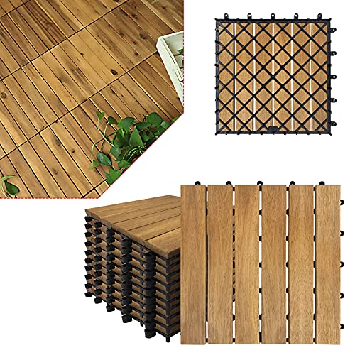 FIVMEN Holzfliesen Balkon 30x30 cm 33 Stück=3m² Terrassenfliesen Holz Wetterfest Klickfliesen Balkon 6 Latten Fliese Balkon Bodenbelag Akazienholz Terassenplatten für Garten Terrasse Balkon