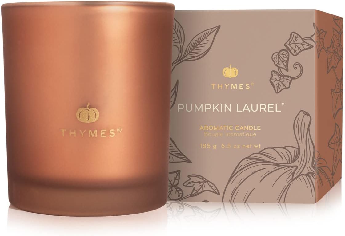 Thymes Scented Candles for Home Decor – Luxury Home Fragrance Gifts for Women & Men – Fall Candles with Creamy Pumpkin, Nutmeg, & Cinnamon – Burnt Orange (Pumpkin Laurel, 6.5 oz)