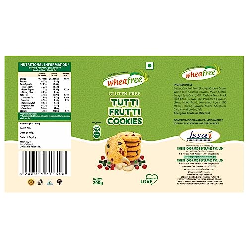 Image of Wheafree Gluten Free Tutti Frutti Cookies (Pack of 2 x 200g each) | Tasty, Crunchy & Flavoured| Best Teatime Snacks, Healthy & Nutritious | Handmade Cookies