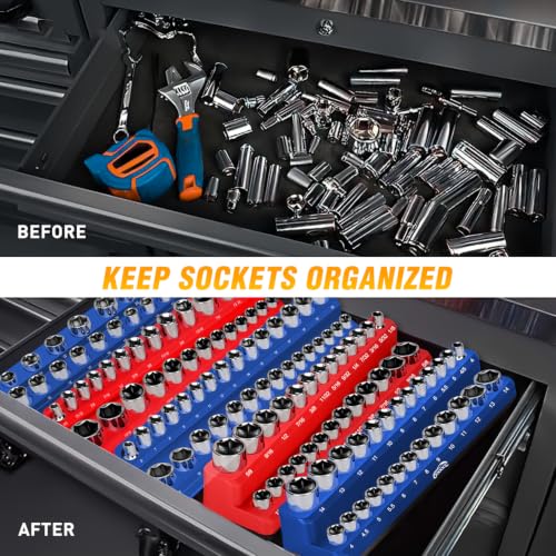 Image of GOOACC 6 PCS Magnetic Socket Organizer, Heavy Duty Socket Organizer Tray 1 /4 inch 3 /8 inch 1 /2 inch SAE & Metric Drive Sockets Holds 143, Magnetic Socket Holder for Tool Box Drawer Chest Garage Storage, Blue&Red