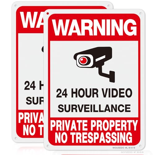 WOUSEDO 2-Pack Private Property No Trespassing Sign,Video Surveillance Signs Outdoor,Rust Free Aluminum 10 x7 Inches Security Camera Sign for Home,Business,CCTV,UV Protected & Waterproof