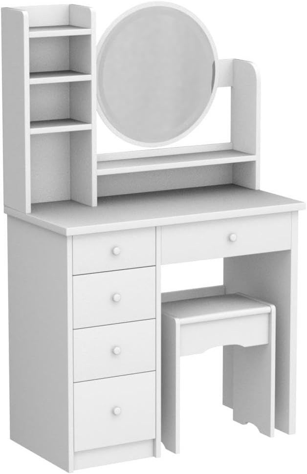 FAMAPY Vanity Desk with Mirror and Lights, Makeup Vanity with Lights and Drawers, Vanity with Mirror & Shelves, Cushion Stool, White 31.5”W x 15.7”D x 53.1”H