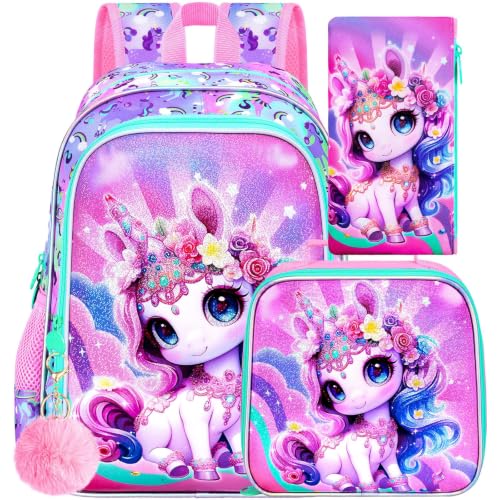 Image of 16 inch Unicorn Backpack for Girls, 3Pcs Kids School Backpacks with Lunch Box, Bookbag for Elementary Preschool Kindergarten(Pink)