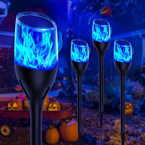 GEARLITE Lampe Solaire Exterieur 4 Pièces, Halloween Decoration Lumiere Solaire avec Abat-jour Transparent, IP65 Étanche Torches Solaires avec Flammes Bleues pour Jardin Outdoor Cour Terrasse Cover