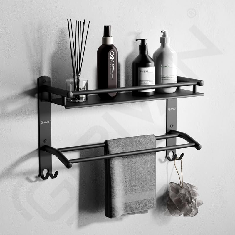 GRIVAN Multipurpose Stainless Steel Bathroom Shelf Racks Stand Holder with Dual Towel Bar for Bathroom Accessories and Fittings (Black Matte) (B0CRKXQH6J) Amazon Price History, Amazon Price Tracker