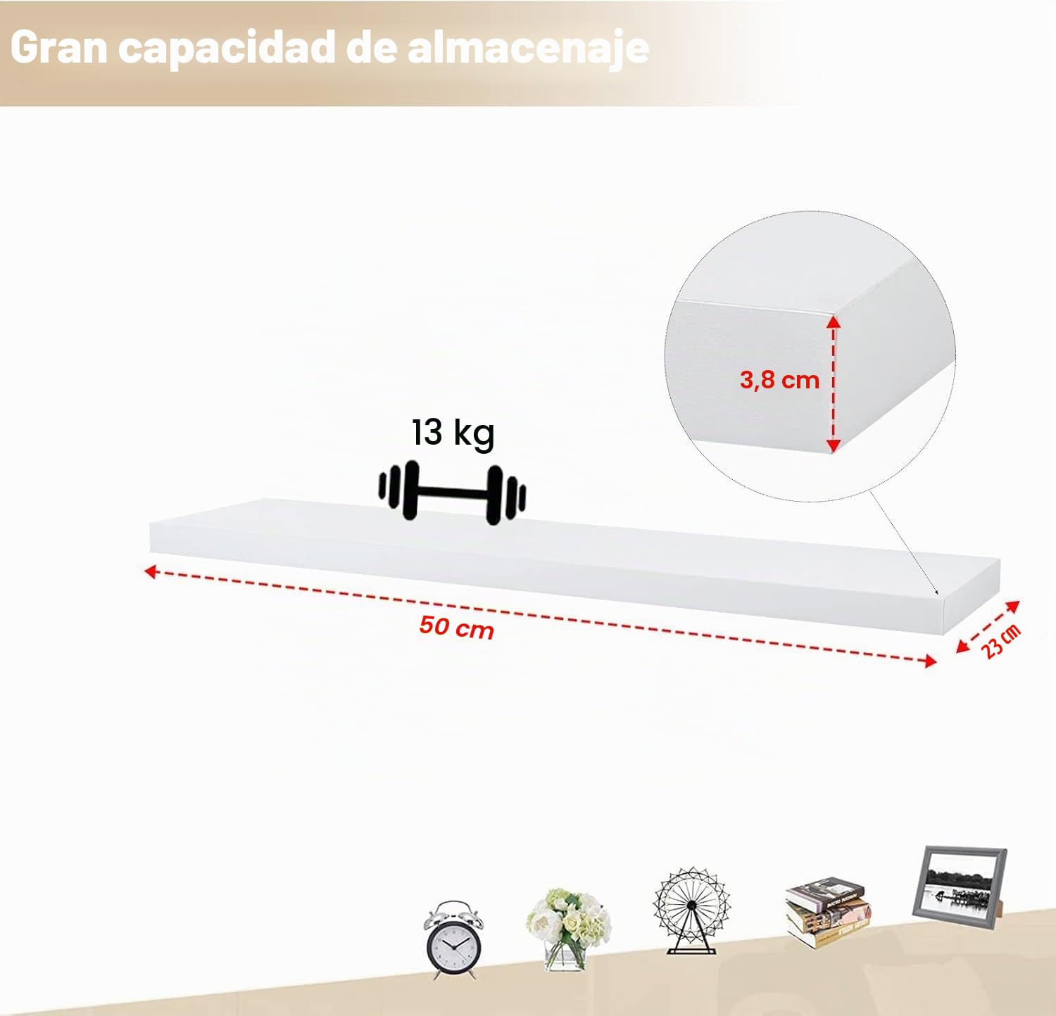 eSituro Set de 3 Estantes Flotantes de Pared Blanco, 50x23x3.8cm | Estanteria madera MDF, decoracion y almacenamiento para cocina, dormitorio y sala, balda facil de instalar, carga 10kg