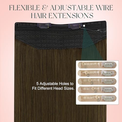 Image of Easyouth Wire Hair Extensions Brown Human Hair Wire Extensions Medium Brown Human Hair Fish Line Extension 80g 18 Inch Invisible Wire Hair Extension Easy to Put on