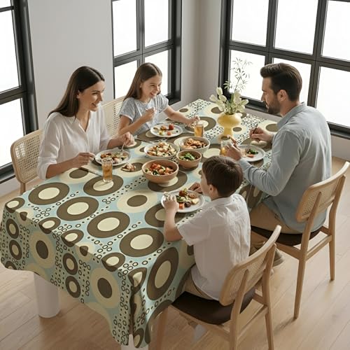 Image of DARSHANAM WORLD Mid-Century Modern Geometric 4 Seater Tablecloth - Waterproof & Spill-Proof Fabric, Abstract Pattern Design, Washable Decorative Table Cover for Dining Room, Kitchen. (Aqua Round)