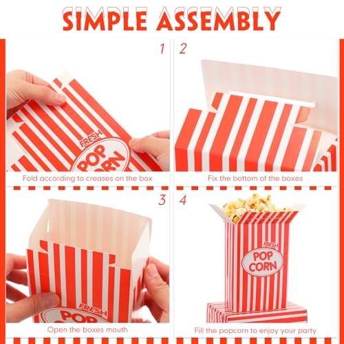 Image of Xinnun 100 Pcs Paper Popcorn Boxes 1oz Oil-proof Disposable Striped Popcorn Boxes Container Leak Proof Paper Holders for Movie Night, Party, Birthday, Wedding (Red)