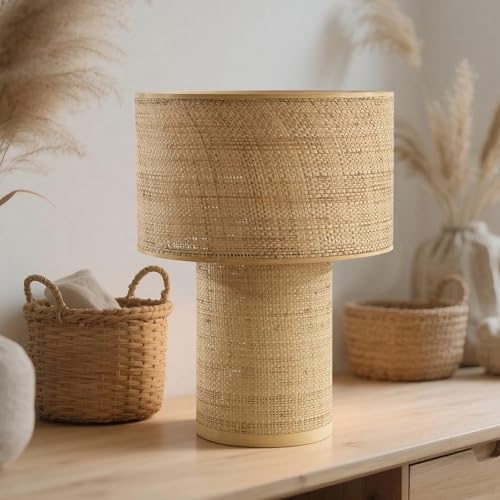 Image of 15 inch Small Table Lamp for Bedroom, Boho Bamboo Bedside Lamps for Nightstand | Farmhouse Desk Lamp for Living Room, End Tables, Kids Room, Home Decor, Office, Handwoven Shade, E26, Natural