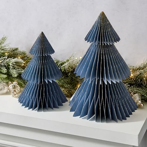 LampLust Paper Christmas Tree Decor, 2 Pack Dusty Blue Honeycomb Paper Trees, 10 & 12 Inch, Christmas Table Decor, Holiday Table & Thanksgiving Table Decor, Blue Christmas & Hanukkah Decorations