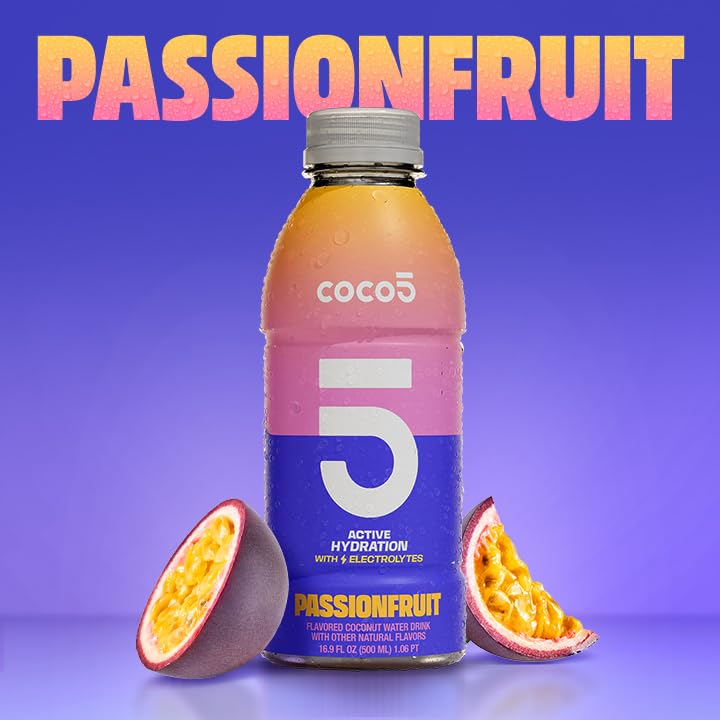 Coco5 Clean Sports Hydration Passion Fruit Flavor | 100% Natural | 50% Less Sugar | Nothing Artificial | Non-GMO | Gluten Free | Developed by Pro Trainers for Pro Athletes | 16.9 OZ (Pack - 12)