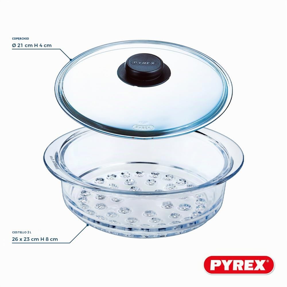 Pyrex - Doppio cestello vapore 20cm e coperchio con manopola - Cottura a vapore - Vetro borosilicato - Made in France (2 cestelli vapori), ALB238-LOG