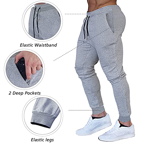 Buxkr Men's Slim Joggers Workout Pants For Gym Running And Bodybuilding Athletic Bottom Sweatpants With Deep Pockets,Light Grey,L #TOP3