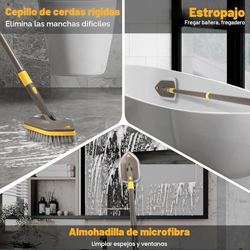 Miniatura 3 de Newe Cepillo Limpieza Ducha Con Mango Largo 142 Cm, 4 En 1 Cepillo Barrendero Para Limpiar Baño Bañera Suelo Zócalo Fregadero Cocina Inodoro Marrón