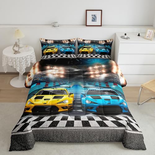 Feelyou Sports Car Comforter Extreme Sports Decor Comforter Set for Kids Boys Yellow Blue Race Car Bedding Set Cool Speed Competitive Racing Car Quilt Set Room Decor 3Pcs Queen Size