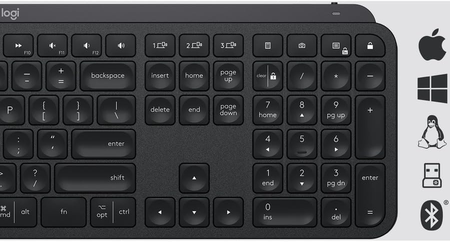 Logitech MX Keys Advanced Wireless Illuminated Keyboard, Tactile Responsive Typing, Backlighting, Bluetooth, USB-C, Apple macOS, Microsoft Windows, Linux, iOS, Android, Metal Build (Black)