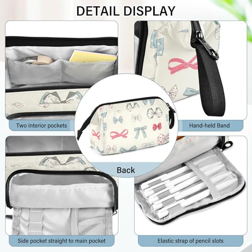 Image of Fisyme Pink Blue Vintage Bow Pencil Case Large Capacity Pencil Pouch Pen Bags Box Big Makeup Pencil Case Organizer