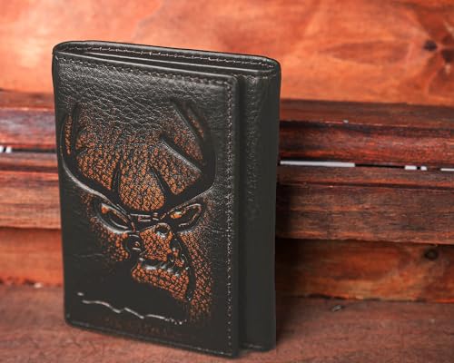 Image of DK86 Deer Trifold Wallets for Men Full Grain Leather with Hand Burnished Tri-Fold Wallet RFID Blocking (Black and Brown)
