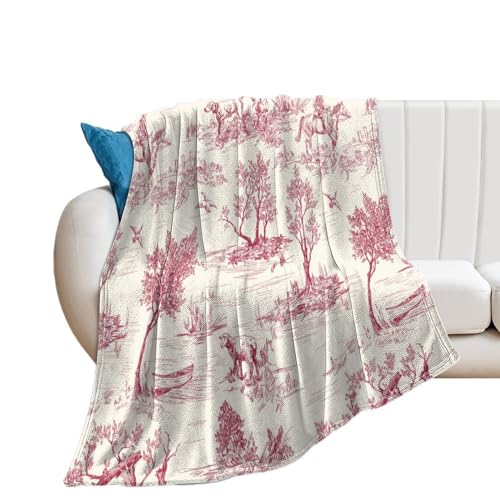 NIBABAEU Couverture en Toile de Jouy - Motif Chiens de Campagne, Arbres, Moutons - Douce, Douillette et Confortable - pour canapé, lit, Chaise - 150 x 200 cm