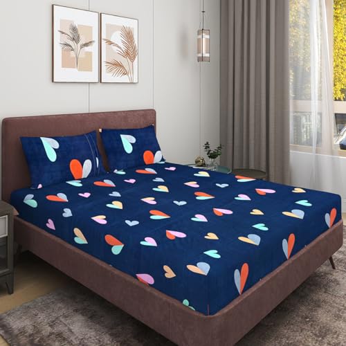 Image of ROMEE Elegant Floral Printed Glace Cotton Double Bedsheet, 144 TC Soft Feel, Flat Bedsheet Queen Size (90 x 100 Inches), with 2 Pillow Covers, Blue (BED527-A)