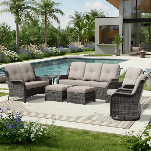 Image of Joyside 7 Piece Wicker Patio Furniture Set, Outdoor Swivel Rocker Patio Chairs with High Back, Deep Seating, Wide Armrest, Thickened Cushions, Outdoor Furniture for Deck, Porch Use