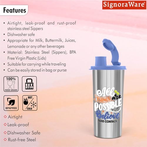 Image of SignoraWare Jumbo Stylish Stainless Steel Sipper | Airtight & Leakproof Lid | Easy to Clean & Carry | Ideal for Kids, Office, Gym, Travel, School & Outdoor Use (500ml | Blue)
