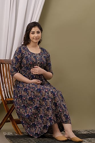 Image of Maternity Feeding Kurti for Women | Cotton Blend Anarkali Dress with Nursing Zip for Pre & Post Pregnancy