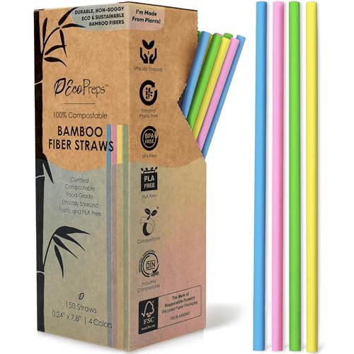 EcoPreps Colorful Biodegradable Bamboo Fiber Straws | 150 Count 100% Compostable Plastic-Free Eco-Friendly Drinking Straws for Parties | 7.8 Plant Fiber Disposable Straw Multi-Color Straw Set