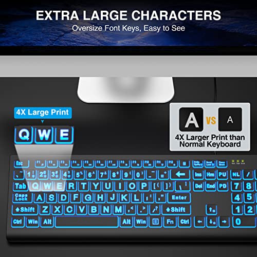Sablute Large Print Backlit Keyboard, Wired Usb Lighted Computer Keyboards With 7-Color & 4 Modes Backlit thumb #2