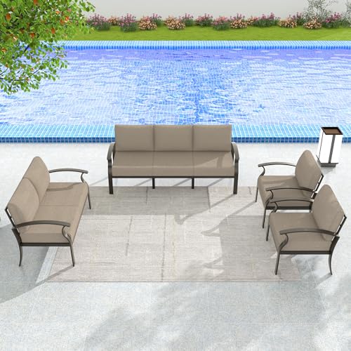 Gotland 7 Seats Outdoor Metal Patio Furniture Set with Thick Cushion Patio Conversation Sectional Sofa Sets-Khaki