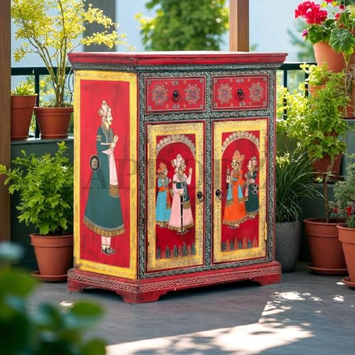 Image of APRODZ Wooden Traditional Handpainted Cabinet with Door & Drawer Storage (Multicolor)