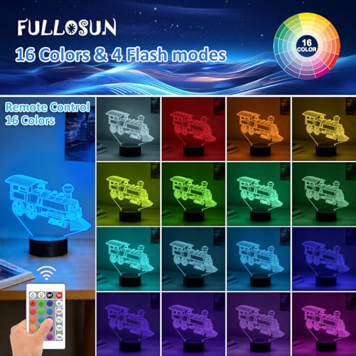 Image of FULLOSUN Train Night Light, 3D Illusion Lamp for Kids, 16 Colors Changing with Remote Control Dim Function, Creative Birthday Xmas Gifts for Kids Boys Bedroom Decor