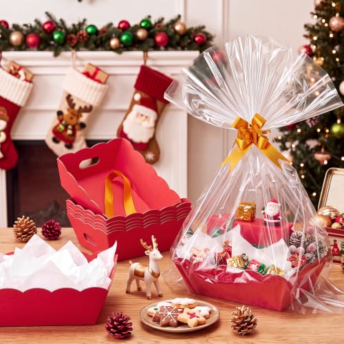 Image of Fuyoooo 8 Pack Red Basket for Gifts Empty to Fill, 10 inch x 8 inch Thick Sturdy Kraft Scalloped Edge Gift Basket with Handle, 8 Wrap Bag 8 Bow 16 Tissue Paper for Christmas Wedding Birthday Wrapping Gift