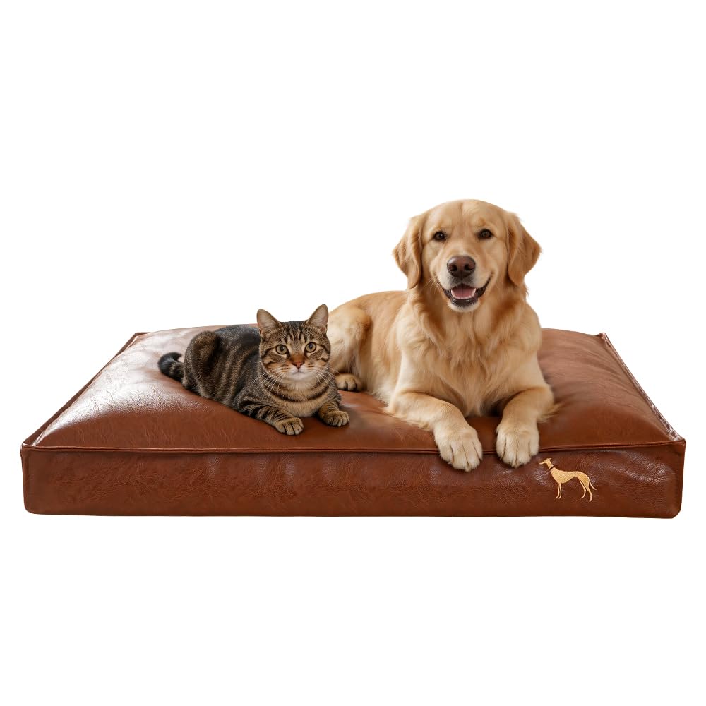 SOMAHE Cama ortopédica para perros pequeños con funda extraíble de piel sintética lavable, impermeable, color marrón, 35.4 x 27.5 x 4 pulgadas