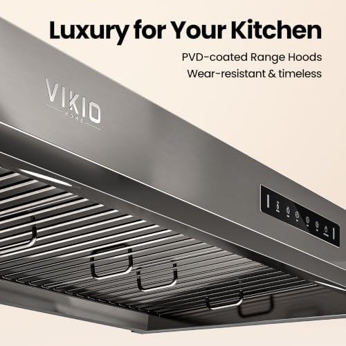 Image of VIKIO HOME 30 inch Range Hood Stainless Steel(PVD), Black Stove Hood with 1200 CFM with 1.5 Sones Quiet, 3 Speed Exhaust Fan Hood Vents for Kitchen, Under Cabinet Range Hood with GU10 LED Lights