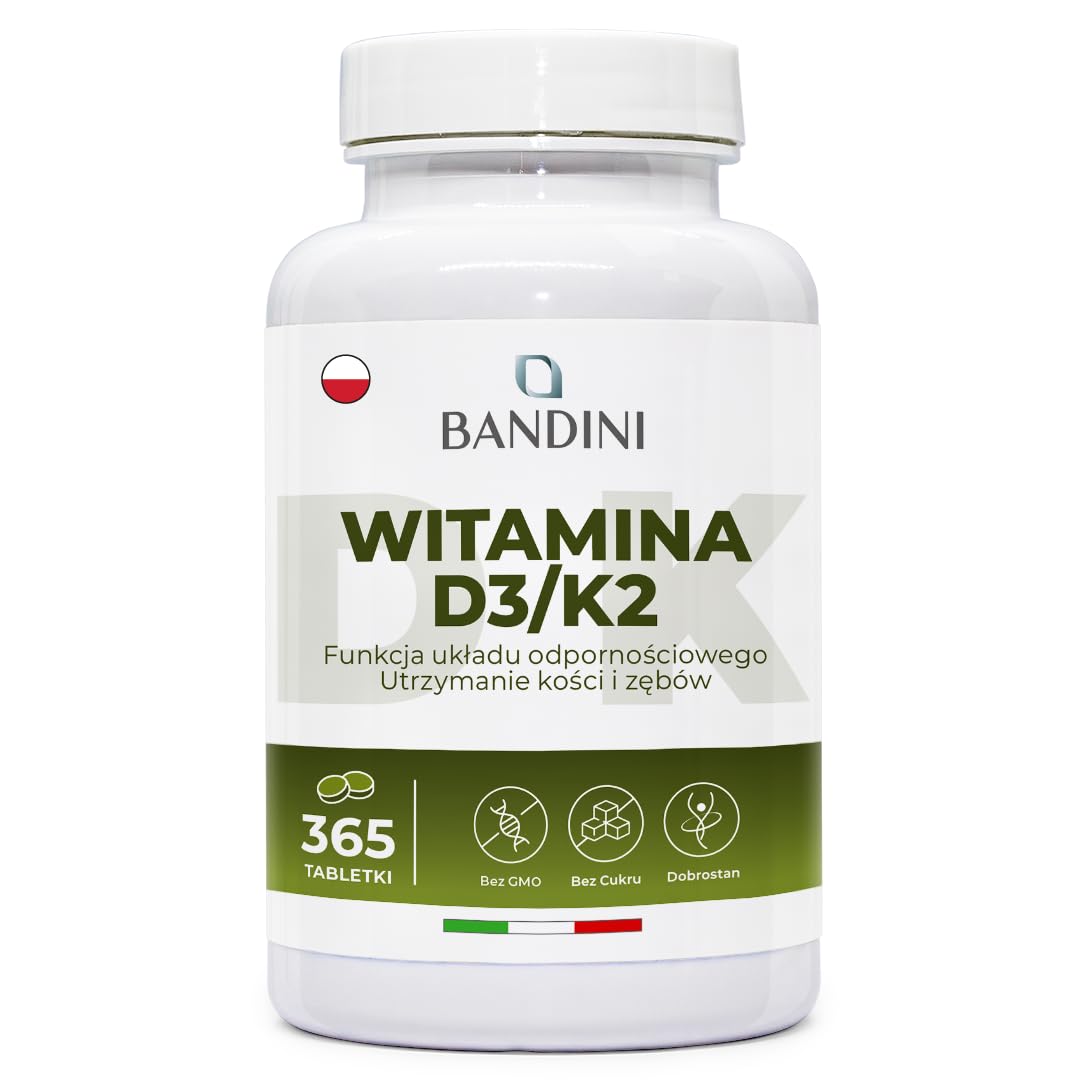 Bandini® Witamina D3 K2 365 Tabletek Witamina D3 (2000 IU) i K2 MK-7 (200 µg) - Wysokie dawki wspierające odporność, kości i mięśnie | Bez GMO i soi | Suplement na 12 miesięcy.