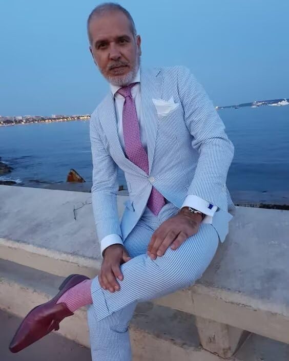 Men's 2 Piece Seersucker Suits Lightweight Breathable Beach Wedding Casual Striped Blazer Pants Summer Wear Suit3