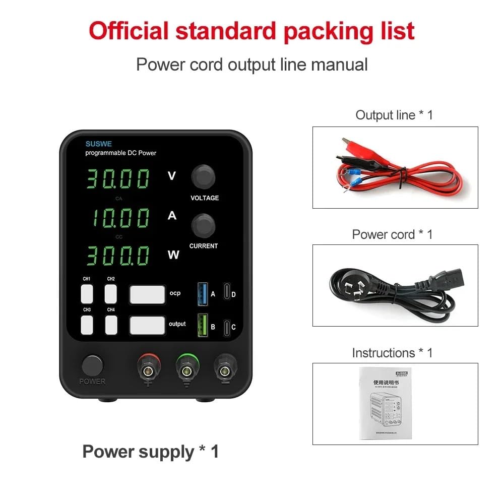 Fuente de alimentación de CC, Fuente de alimentación CC ajustable Pantalla LED 4 dígitos Fuentes laboratorio USB con regulador voltaje(0-30V10A-300W)
