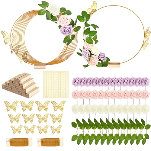 Vercraft 12 Set butterfly Metal Floral Hoop Table Centerpieces Include Metal Ring with Base 3D Butterfly Decoration, PE Foam Flower, Adhesive Dots, Gold Wires for DIY Wedding Baptism Party(Round)