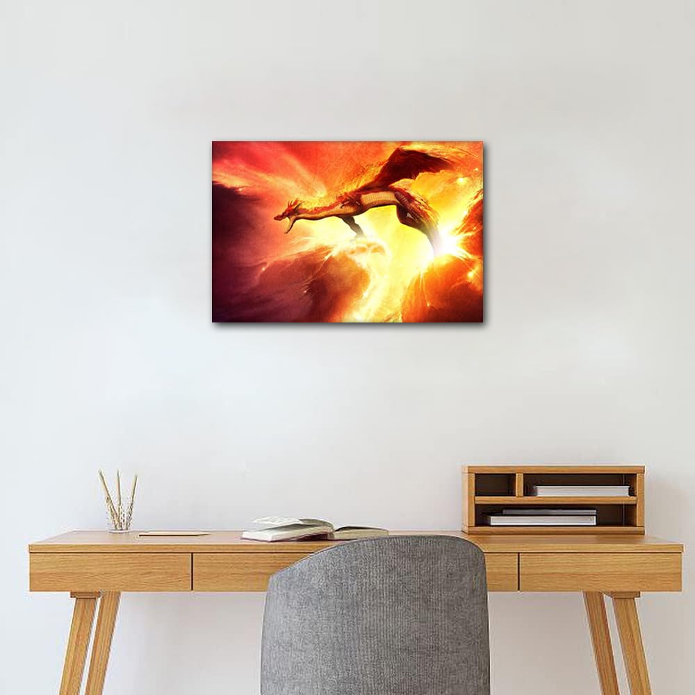 TISHIRON Fantasy Wild Animal Wall Art Fire-breathing Dragon Canvas Painting 1 Piece Fire Dragon Pictures Living Room Norse Home Rustic Decoration Framed Ready to Hang 24x16in - Image 4