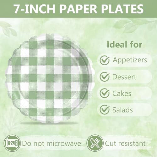Image of Mulbozy 75 Sage Green Gingham Paper Plates and Napkins Disposable for Party