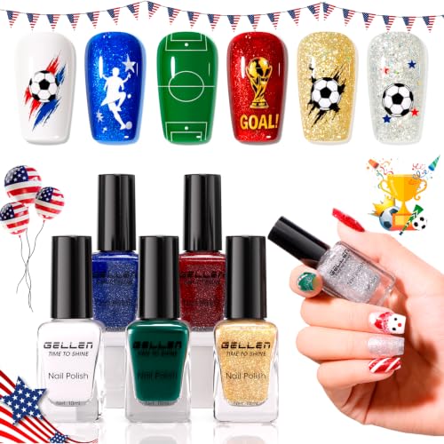 GELLEN 4th of July & Christmas Nail Polish, Air Dry Regular Nail Polish For Finger Toe & Fake Nails, Red Green Blue White Gold Silver Glitter 6-Color Set, No Light Needed, Toxin HEMA TPO Free