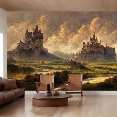 VistaPalette Medieval Fantasy Castle Scene Wall Mural Peel and Stick Wall Art Wallpaper Self Adhesive Removable Mural Large Foil Wall Decor Print Picture