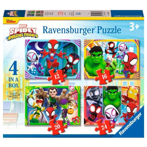 Ravensburger — 3 Jahre altes 4-Puzzle in Einer Box, Spidey — 3-Jahres-Puzzle, Marvel-Kollektion, beinhaltet 4 Puzzles 12-16-20-24 Progressive Teile, Lernspiele, Geschenkideen