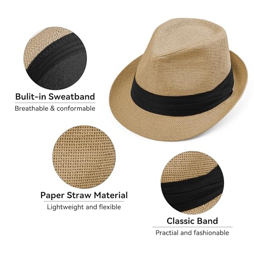 Image of Straw Trilby Fedora Hat for Men Women 1920s Panama Hat Short Brim Summer Beach Sun Hat with Band