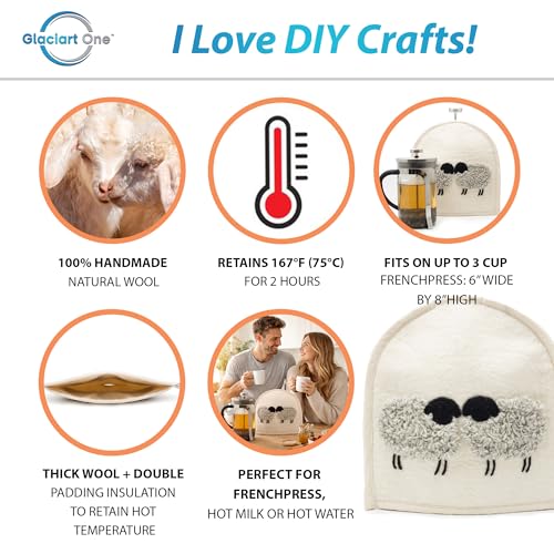 Image of Glaciart One Wool Felt French Press Cozy | Coffee Pot Cover for French Press | Handmade Natural Wool Coffee Pot Cover | Keeps Coffee Hot up to 2 Hours | Gift for Coffee Lovers
