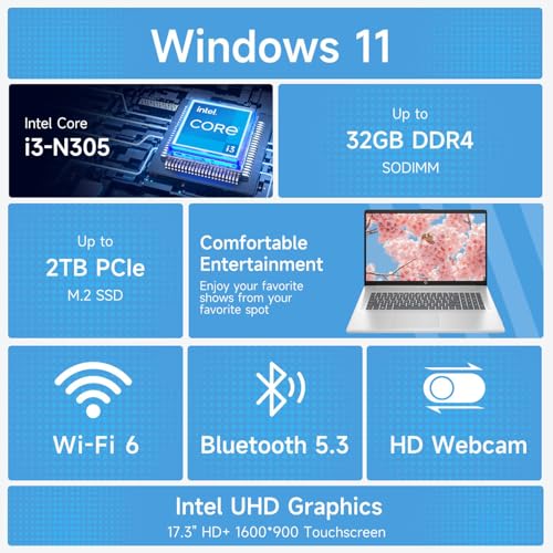 Image of HP Pavilion 17.3 inch Laptop Touchscreen, Intel 8-Cores i3 Processor, 16GB DDR4 RAM, 1TB PCIe SSD, Windows 11 Home, Business Laptop for Work & Home Students, AI Copilot, Number Pad, Lifetime Office 365