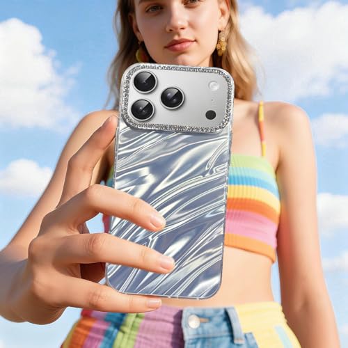 Image of DIZORO Compatible with iPhone 17 Pro Max Case | Marble Glossy Hard PC Back Cover with Diamond Camera Protector | Ultra Stylish Shockproof Back Cover Case for Girls Women-Sky