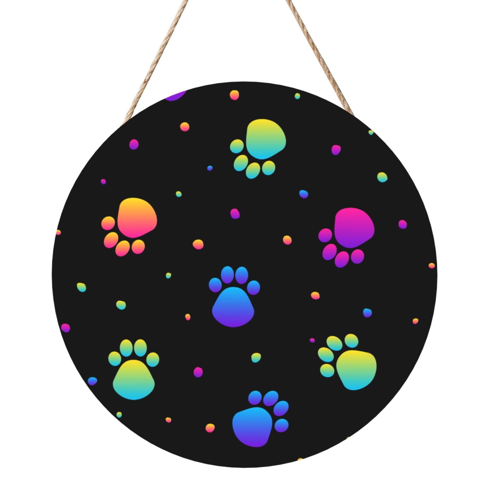 InOmak Rainbow Paw Footprint Animal Pattern, Round Wood Panel Painting 12 in, Wall Hanging Painting For Home